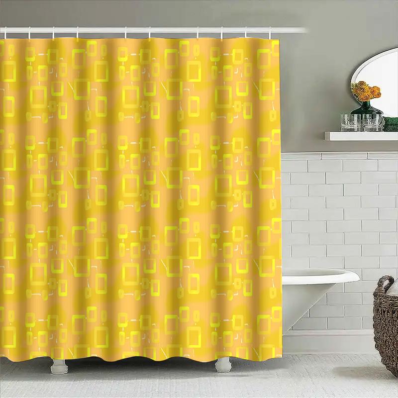 Yellow Rectangular Pattern Shower Curtain Waterproof Bathroom Decor For Home Decoration (Set 36)
