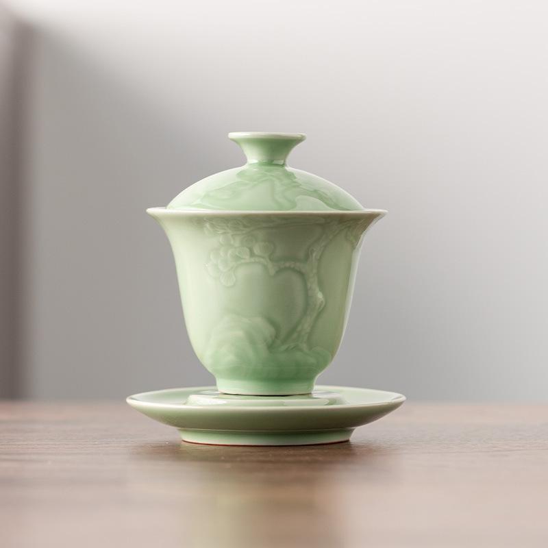 Celadon Yunsong Sancai Gaiwan Kung Fu Tea Set Handmade Embossed Household Ceramic Tea Cup Tea Bowl Boutique
