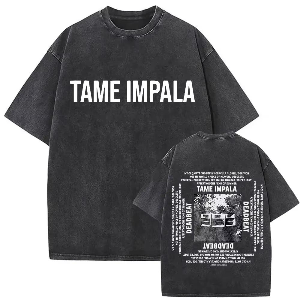 Tame Impala Tour Album Vintage Washed Tshirt Mens Hip Hop Gothic Tshirts Casual Oversized Short Sleeve T Shirt Streetwear