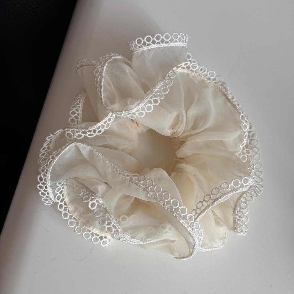 

Solid Color Lace Trim Mesh Scrunchie Elastic Large Intestine Hair Ring Bun Rubber Bands Women бежевий