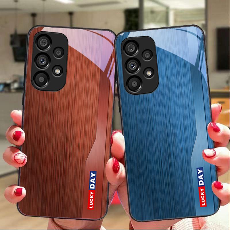 Wood Grain Striped For Samsung Galaxy S 8 9 10 20 Plus 21 FE 22 23 24 Ultra S7 Edge Black Tempered Glass Phone Case Hard Shell
