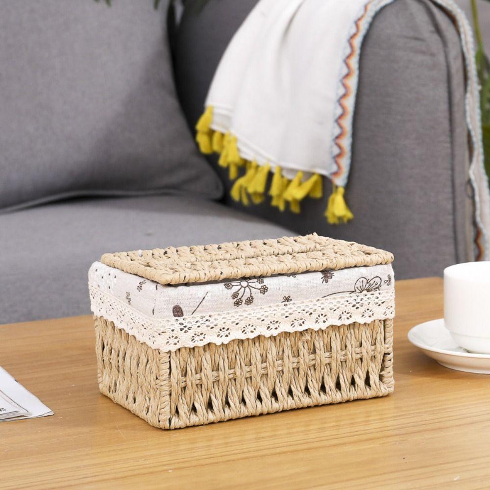 Household Napkin Case Hand Woven Tissue Box Cover Rustic Napkin Paper Organizer  Bathroom