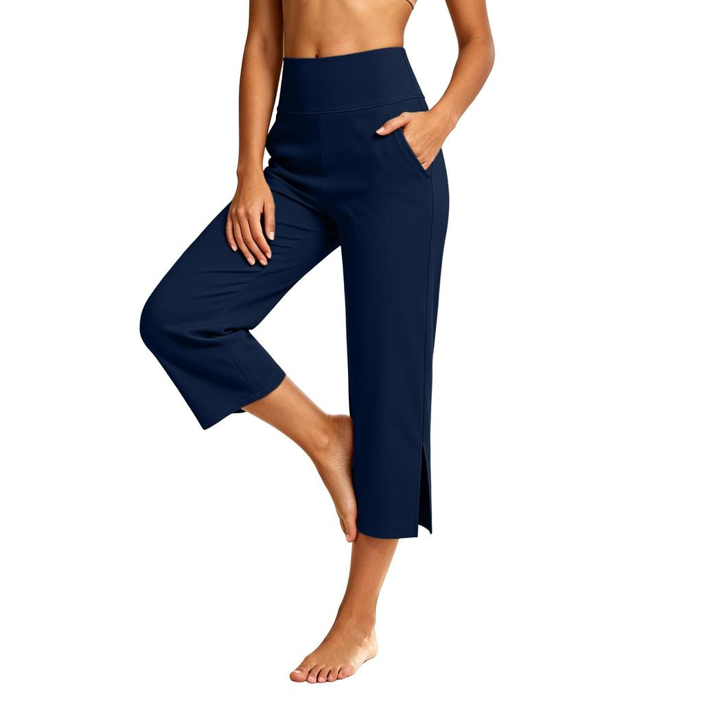 Women High Waist Casual Pants with Pockets Wide Leg Cropped Stretchy Athletic Capris with Side Slits for Everyday Wear