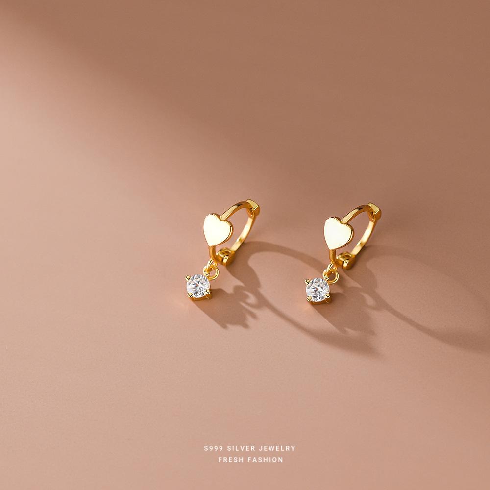 

S999 Sterling Silver Korean Sweet Inlaid Zircon Heart Earrings for Women Temperament Jewelry золотой