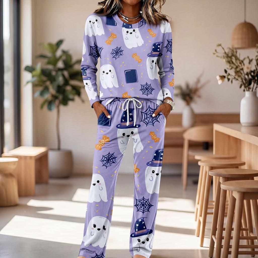 Set Pigiama Casual da Donna con Manica Lunga, Girocollo e Coulisse sui Pantaloni a Gamba Larga per Dormire e
