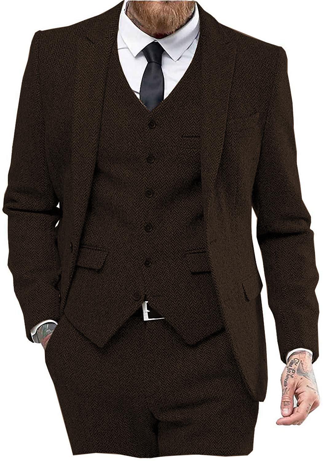 Men s Slim Fit Herringbone Three-Piece Suit for Business, Banquets, and Weddings 3XL кофейный
