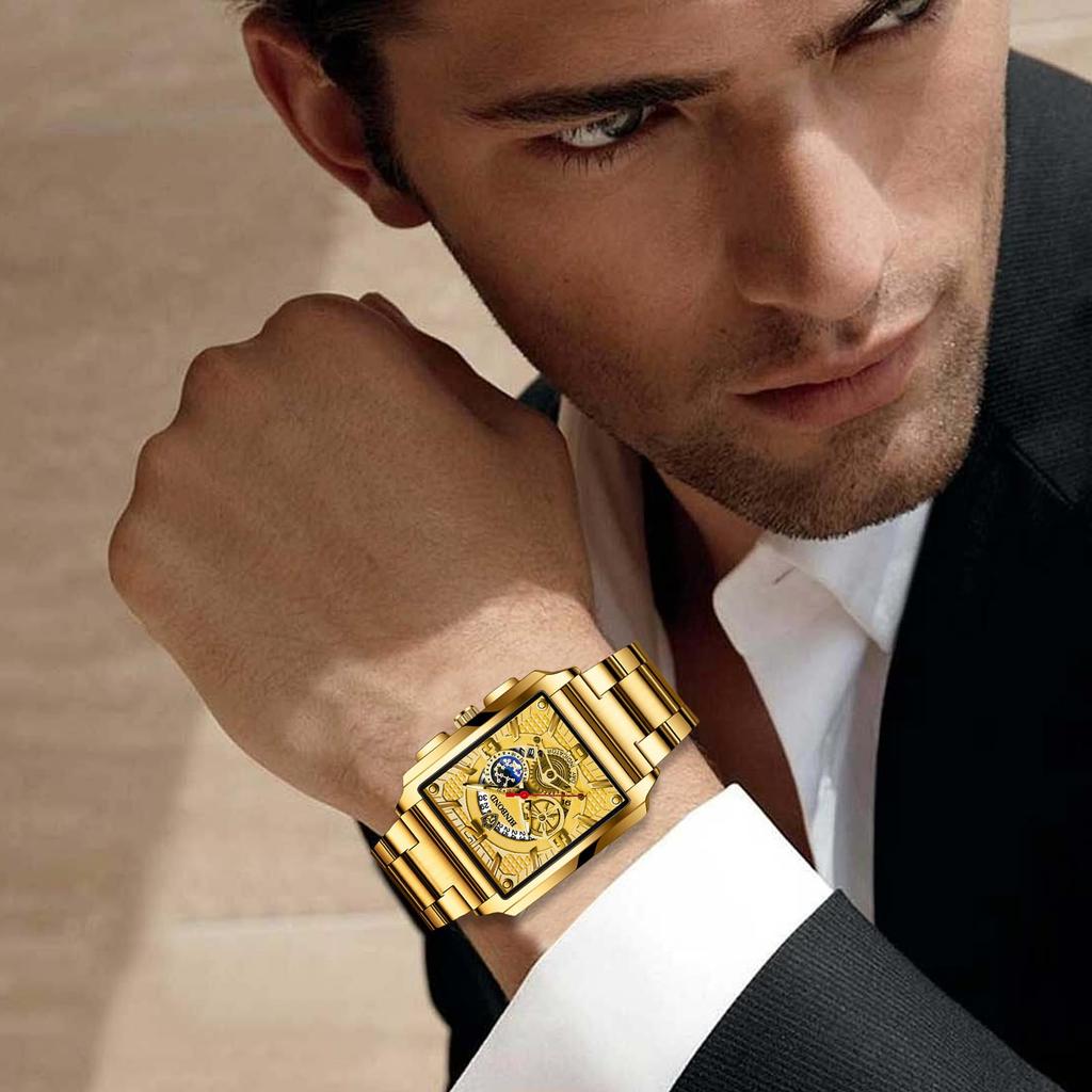 Square Watch with 3ATM Water Stainless Steel Analog Quartz Simple and Stylish Business Watch A Great Gift for and Day Men's Calendar, Gold
