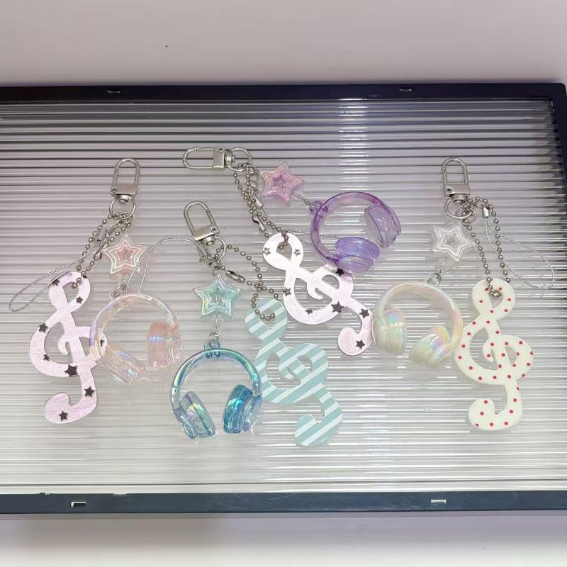1Pcs Y2K Musical Notes Star Earphone Beaded Keychain Creative Mini Headset Pendant Keyring Paired Lanyard Key Chain