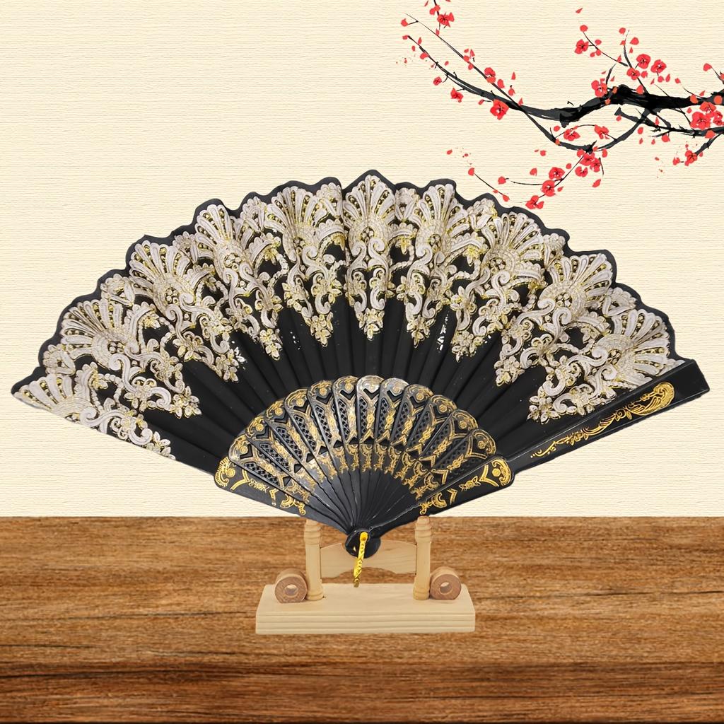 1pc Bronzing Flower Pattern Folding Fan Chinese Style Silky Fan Ancient Costume Accessories Dance Performance Props