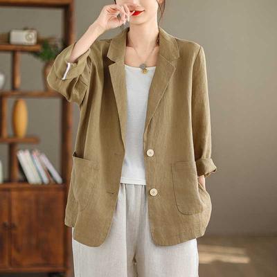 Casual Cotton and Linen Blazers  Jacket Women's Spring Retro Solid Color Loose All-match Blazers  Top
