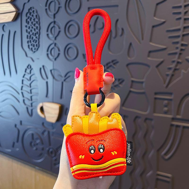 1Pcs Cute French Fries Coffee Ice Cream Couple Bag Pendant Creative Cartoon Leather Snacks Keychain Gift
