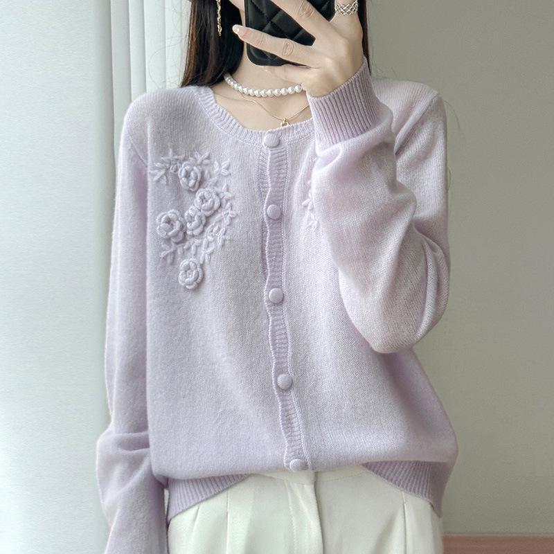 2025 Autumn French Chic 3D Round Neck Pure Wool Knit Cardigan
