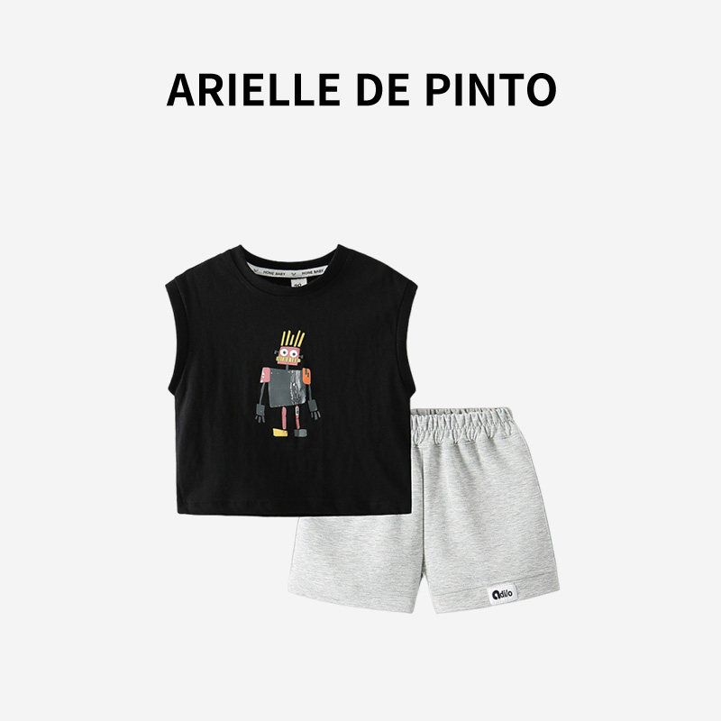 French Arielle De Pinto Boys Summer Casual Cartoon Sports Vest and Shorts Two-Piece Set Vest + Gray Shorts 140