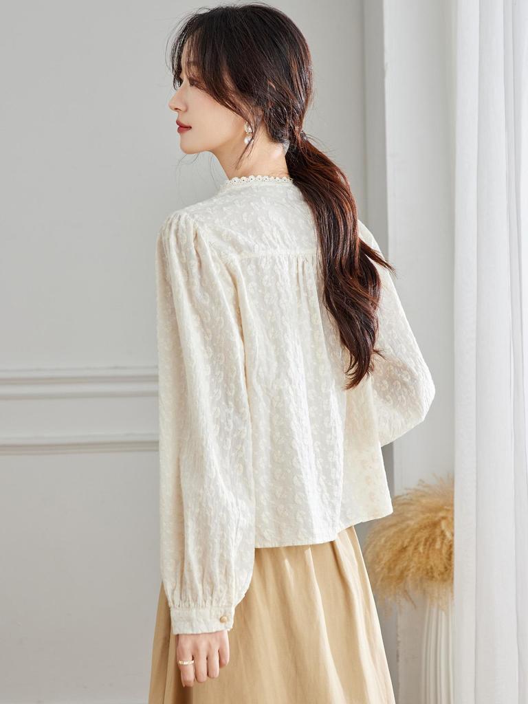 Women's Long Sleeve Embroidered Shirt - New Chinese Style, Apricot Round Neck, 2025 Autumn Collection