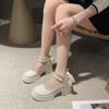 French Round Head White Pearl Thick-heeled Mary Jane High Heels Women's Spring and Autumn Retro Thick-soled Small Leather Shoes