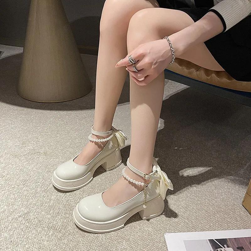 French Round Head White Pearl Thick-heeled Mary Jane High Heels Women's Spring and Autumn Retro Thick-soled Small Leather Shoes