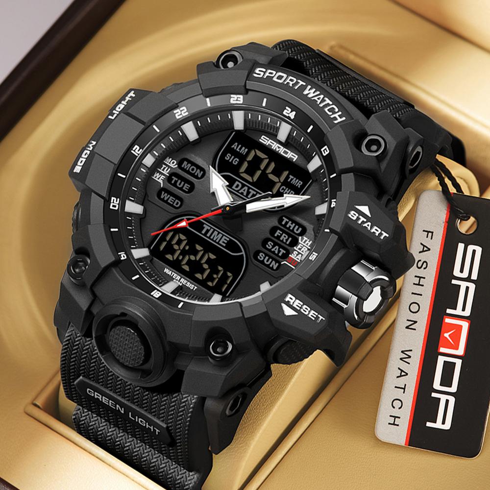 SANDA Sports Military Men's Watches Luxury Dual Display Watch 50M Waterproof Quartz Wristwatch for Male