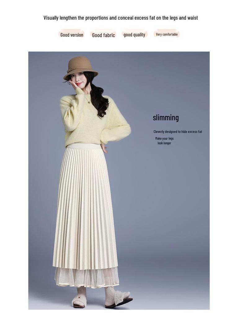 Winter 2025 Reversible Mesh Pleated Skirt with Elastic Waist