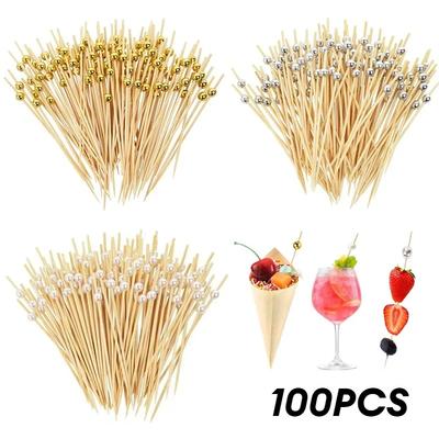 100 Pcs Disposable Pearl Bamboo Skewers Fruit Snacks Cocktail Appetizers Fork Skewers Bar Fiesta Wedding Birthday Supplies