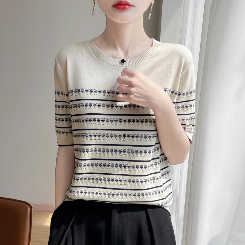 

Бриллиантовая ажурная полосатая футболка с коротким рукавом и круглым вырезом, свободная, из ледяного шелка, легкая, роскошная, с цветными блоками, вязаный свитер M бежевый