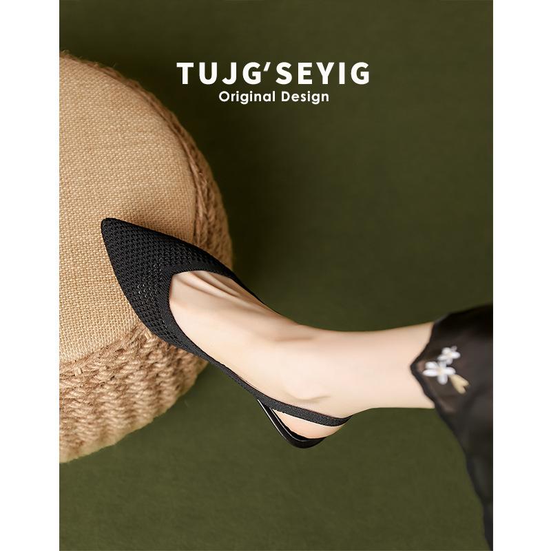 Baotou sandals women's summer thick heel back strap pointed tip through hole breathable fly-knitting shoes knitted one-word strap high heels