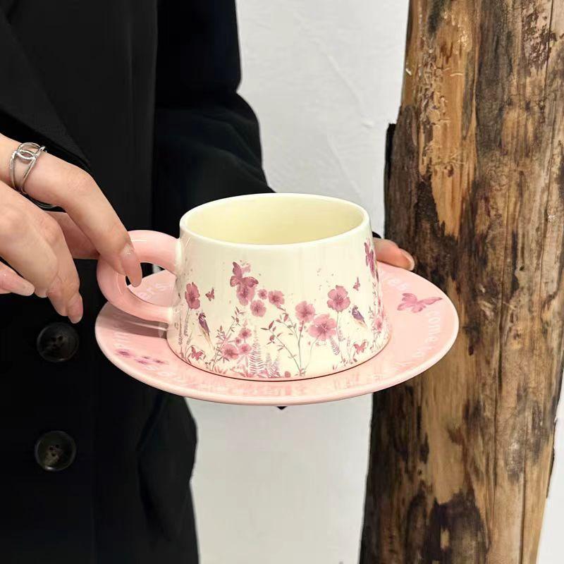 Watercolor Painting Rose Butterfly Coffee Cup And Saucer Set, High-End Ceramic Mug Souvenir, Light Luxury Retro Latte Cup