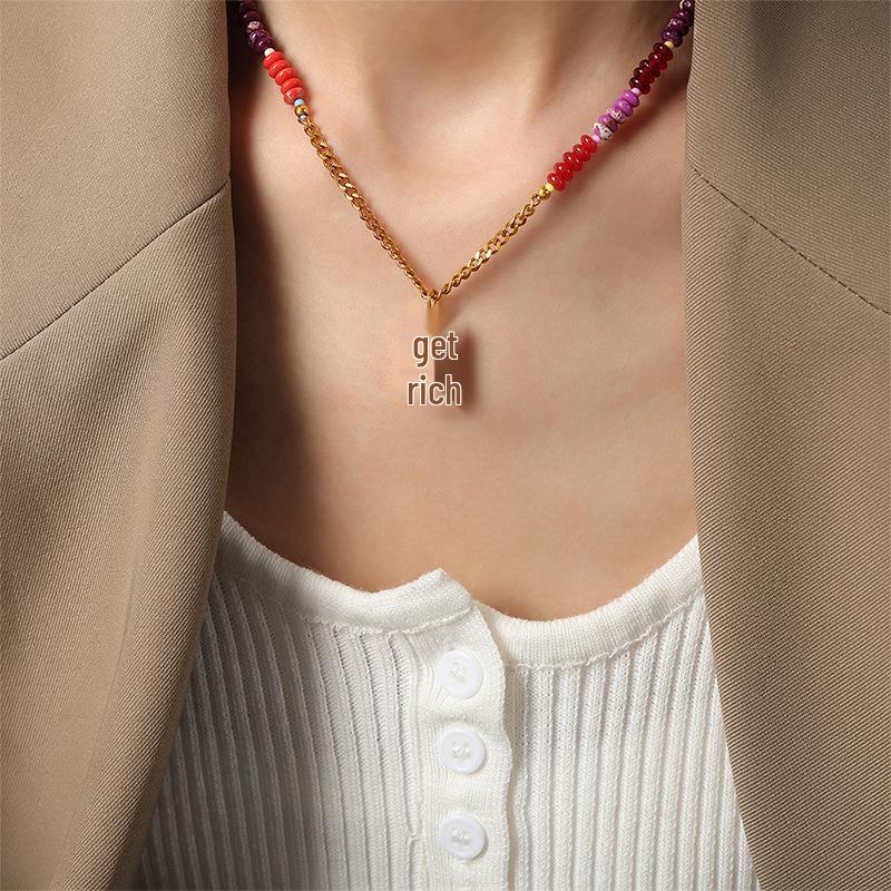 Colorful Agate Abacus Bead Wealth Pendant Necklace with Titanium Steel Chain