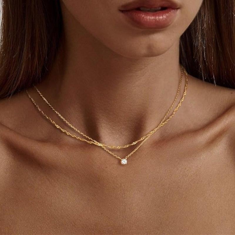 Double Layer Chain Necklace 1Cubic Zirconia Jewelry Water Resistant