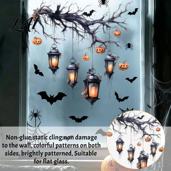Funny Cat Bat Decals Halloween Static Cling Window Stickers Cute Ghost Pumpkin Glass Holiday Party Decorations Decals Removable Adhesive-Free