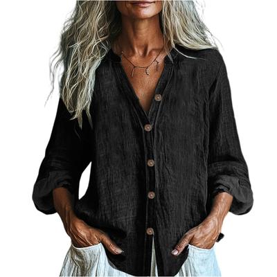 Women's Fashionable And Casual -color Long-sleeved Cotton And Linen Shirt Top