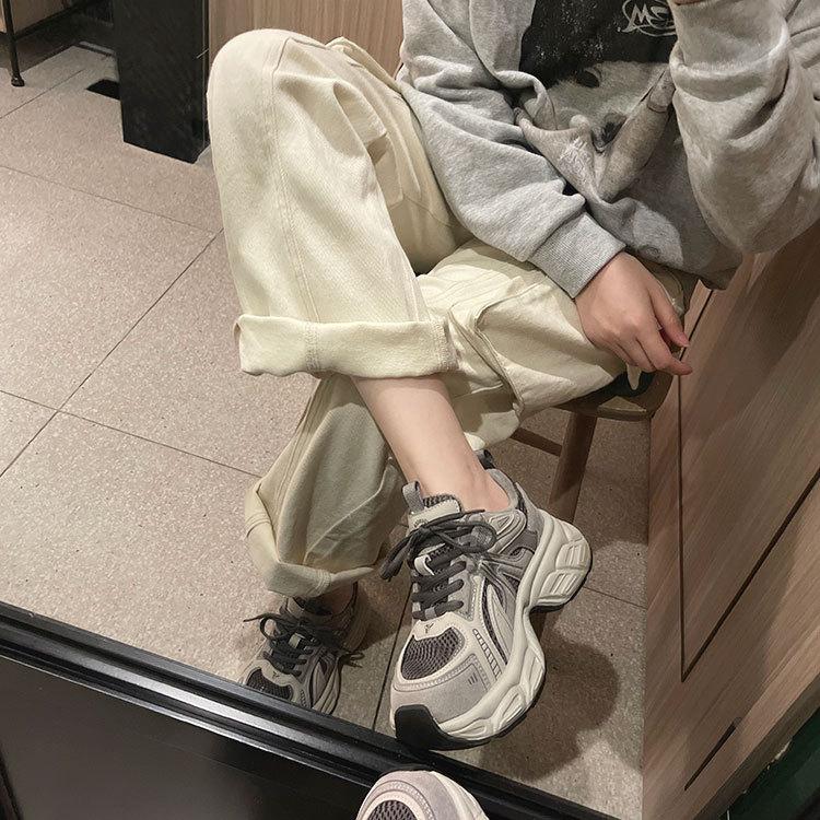 Leather Platform Dad Shoes Women's 2025 New Autumn and Winter Velvet Heightening Lightweight Casual Mesh Red Sneakers
