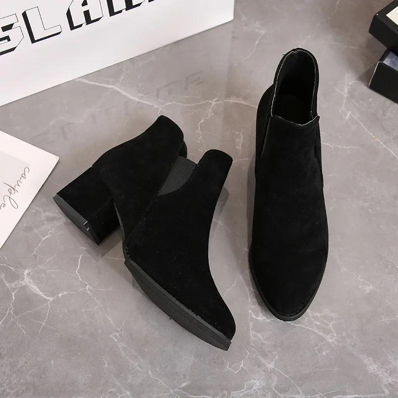 Designer Thick Heel Flock Ankle Boots for Women New Soft Soled Casual Women's High Heels Fashion Casual Chelsea Boots Female