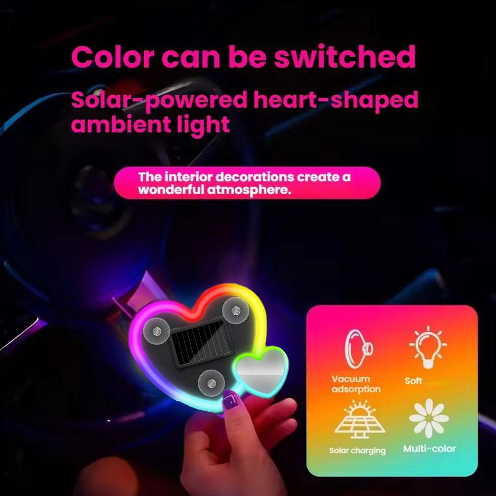 Süßes herzförmiges LED-Umgebungslicht, solarbetrieben, Auto-Neonlicht, kabellos, Saugnapf, USB-wiederaufladbar, Atmosphärische Atemtiefenlampe
