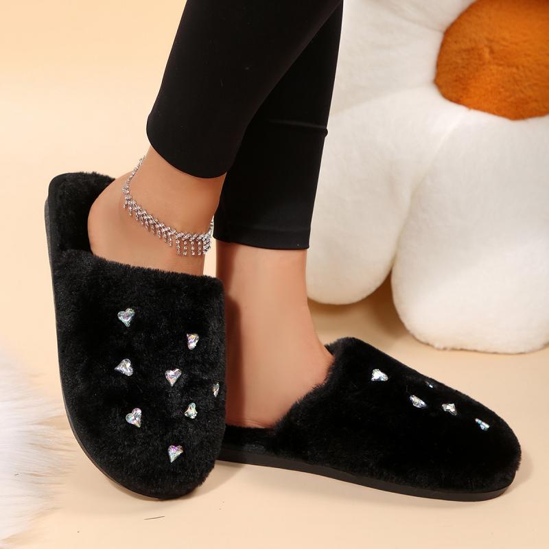 Fashion Sweet Glitter Heart Furry Mules Slippers Women 2025 Winter Warm Short Plush Cover Toe Slippers Soft Faux Fur Indoor Slippers