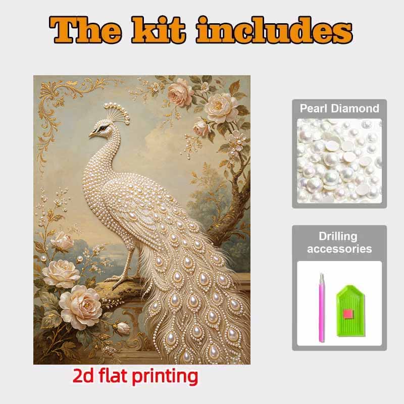 Pearl Art Painting Home Wall Decor White Peacock Pearl Gemstone Painting Picture Crafts Adult/Beginner Gift Creative Home Decor Unframed
