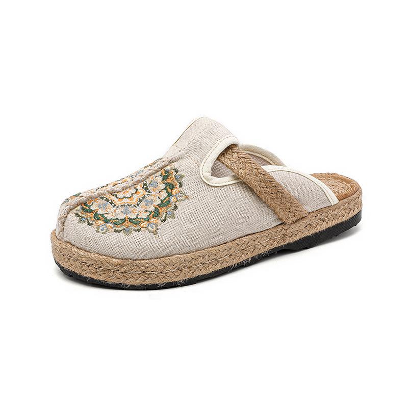 2026 Spring/Summer Women s Ethnic Embroidered Linen Flats - Old Beijing Style Low-Cut Shoes 37 бежевый