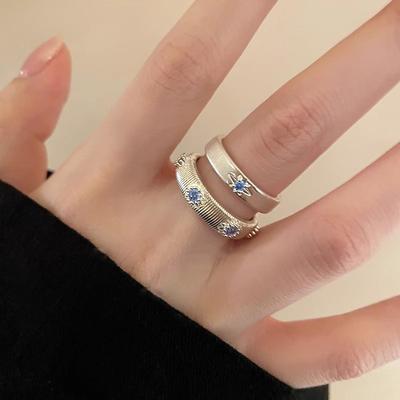 Sea Blue Zircon Brushed Ring Women's Light Luxury High-end Star Stacking Index Finger Ring Simple and Versatile Open Ring