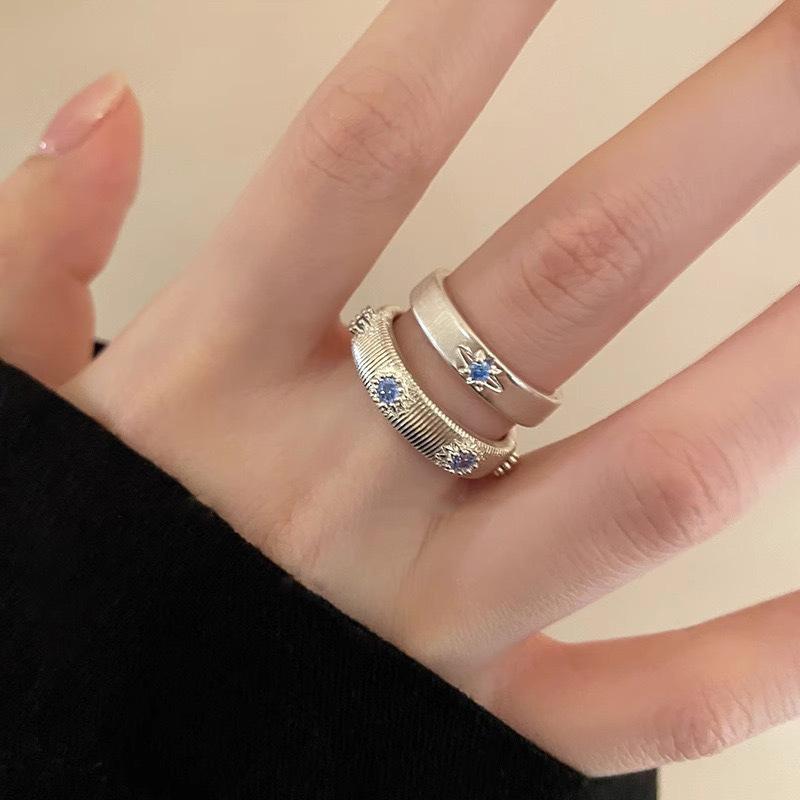

Sea Blue Zircon Brushed Ring Women s Light Luxury High-end Star Stacking Index Finger Ring Simple and Versatile Open Ring