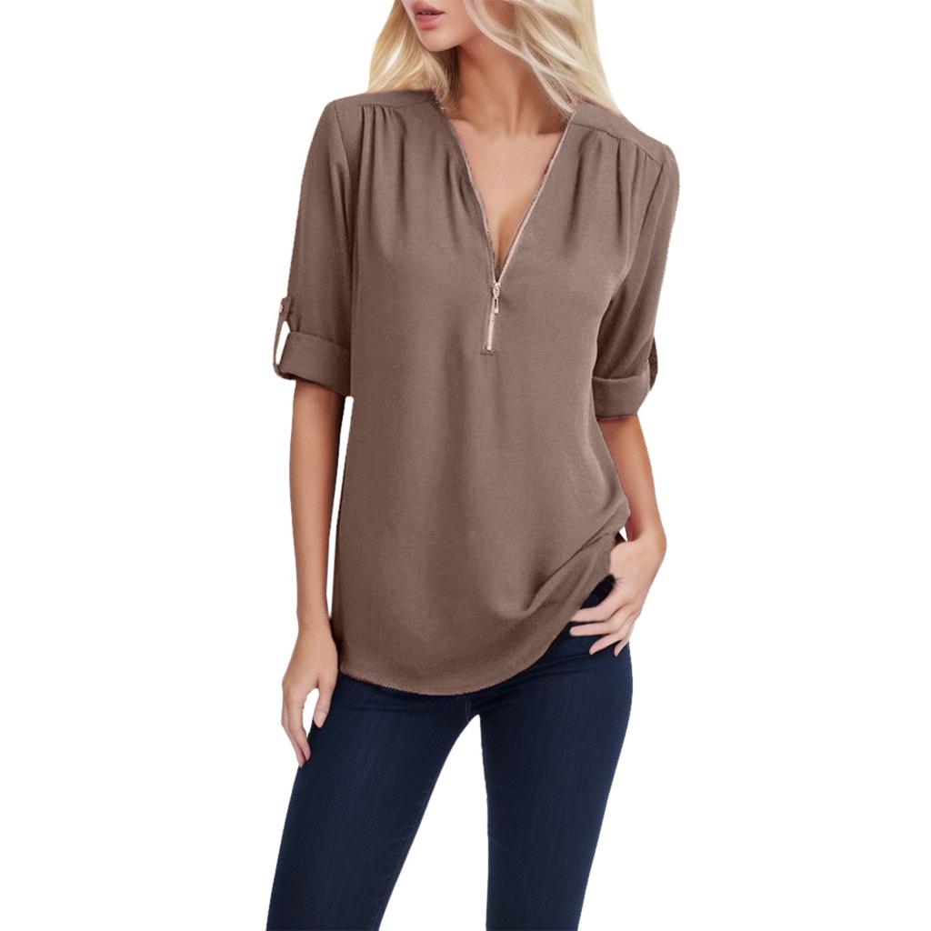 Summer and Autumn Shirt V-neck Zipper Large Size Women's Long Sleeve Can Roll Sleeve Short Sleeve Loose Shirt