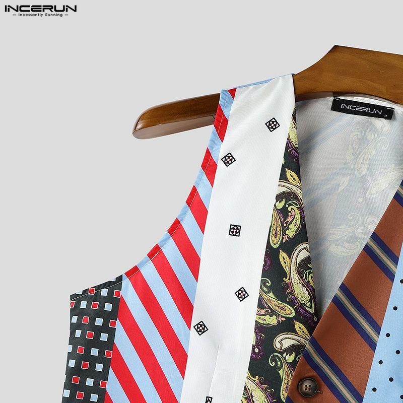 INCERUN Vestă Subțire cu Decolteu în V pentru Bărbați cu Imprimeu și Patchwork, Fără Mâneci, cu Nasturi, Vestă Casual pentru Petrecere, Topuri