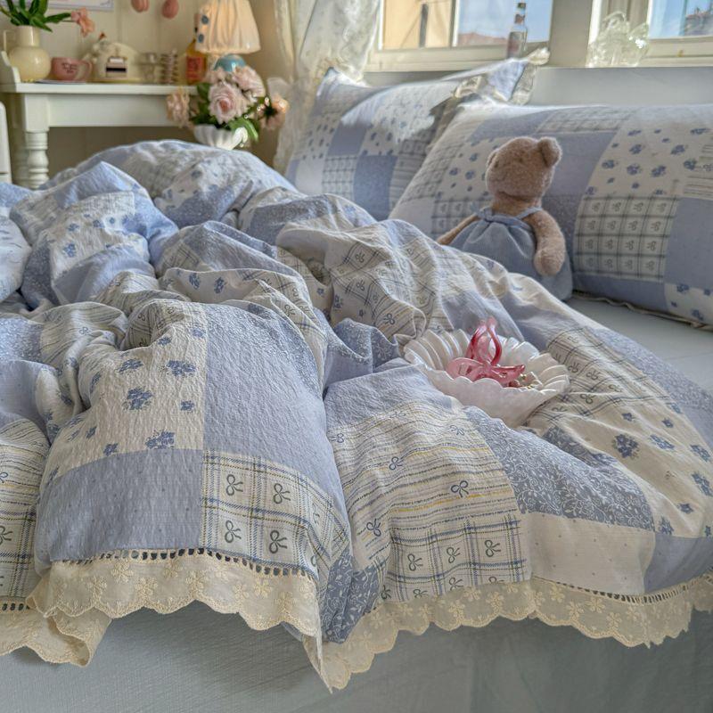 Ins Korean Style Blue Bow Double Layer Gauze Four-Piece Set Simple Lace Edge Duvet Cover Bed Sheet Dormitory 3-Piece Set