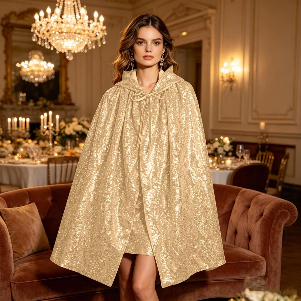 Women's Color Sequined Hooded Cape, Performance Stage Costume for Holiday Fancy Dress, 100cm