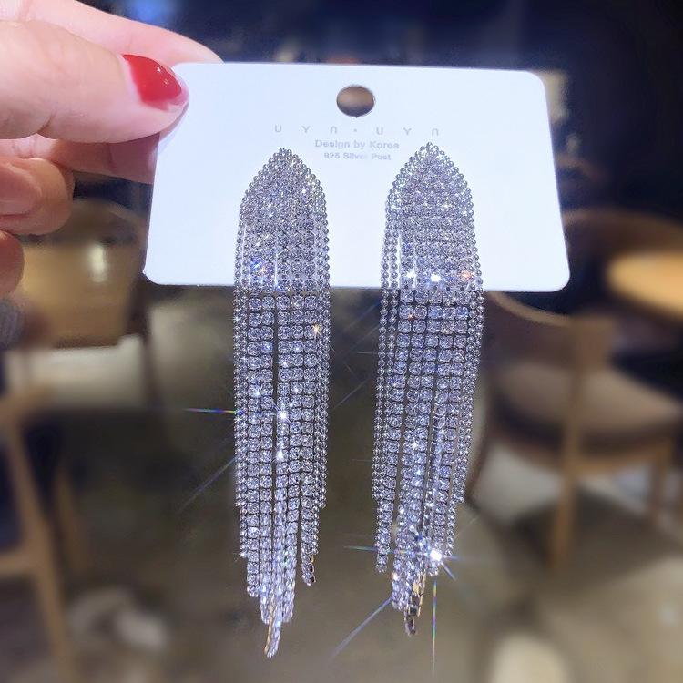 Exaggerated personality full of diamonds, long fringed cold wind earrings, new trendy silver needle earrings, earrings. 925 silver needle