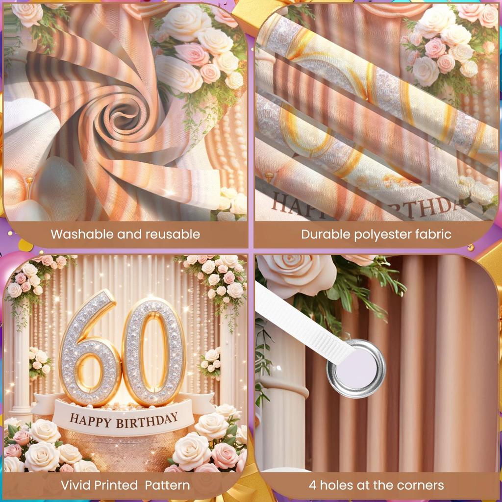60. Meilenstein Kulisse Goldene Ballons Geburtstagsfeier Banner Happy 60 Birthday Banner Zartrosa Rosen Für Formelle Anlässe