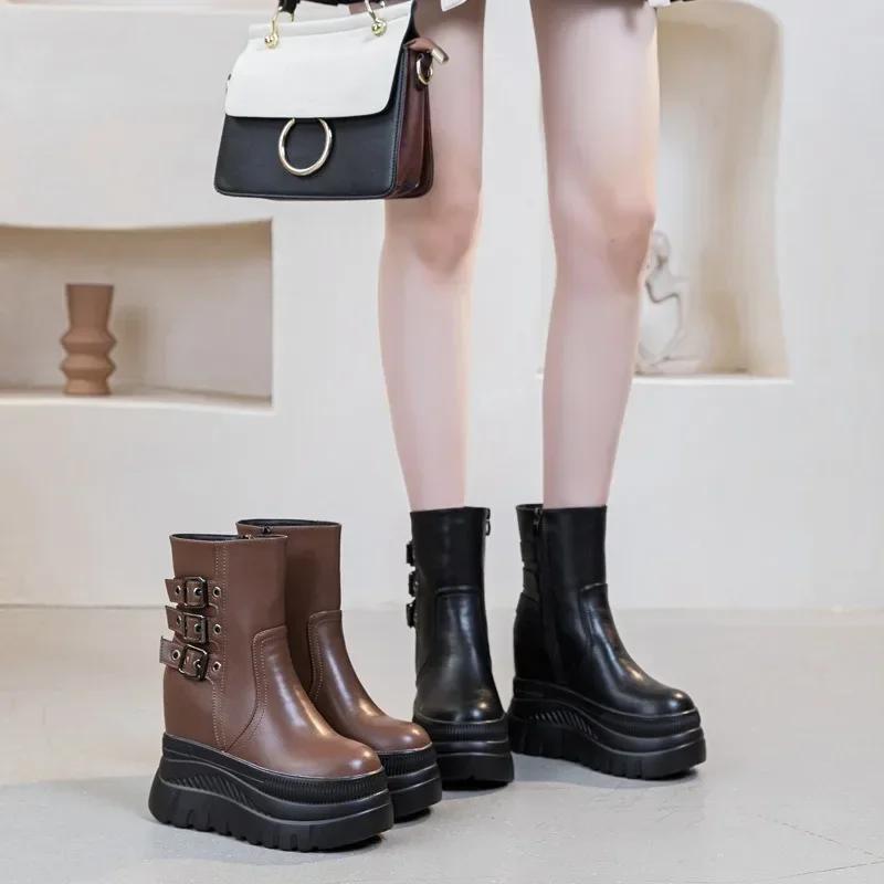 Fashion New 2cm Genuine Leather Women Boots Causal Knee High Boots Shoes Motorcycle Ankle Booties Platform Wedge Thick Sole ZIP Shoes