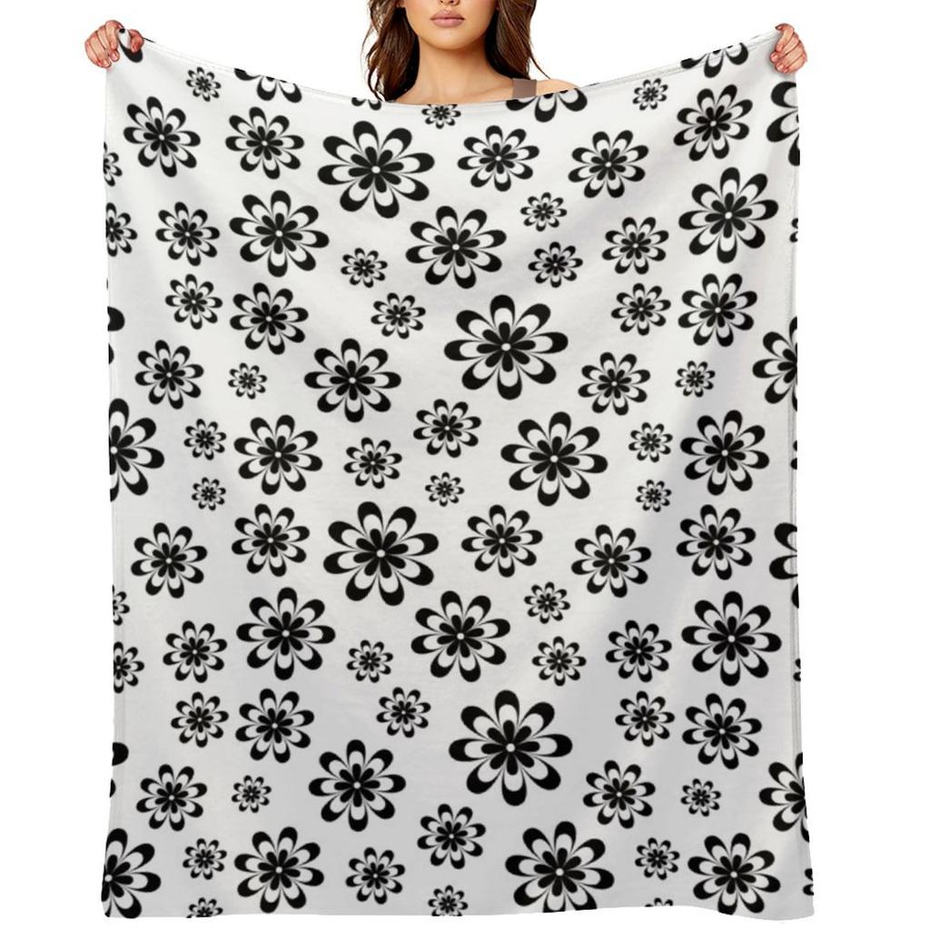 Black and White Flowers Theme Throw Blanket Hairys Shaggy Bed Sofa Blankets