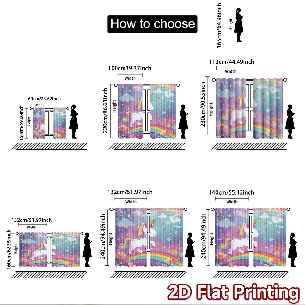 2D flat printing 2pcs Window Curtains Cute Unicorn Rainbow Stars Digital Printed Polyester Drapes Seasonal Party & Holiday Decor