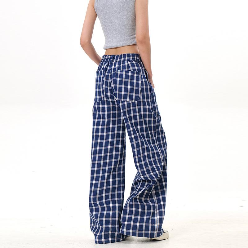 Women's Retro Plaid 2025 Wide-Leg Pants with Button Design, Floor-Length, Zhao Lusi Style