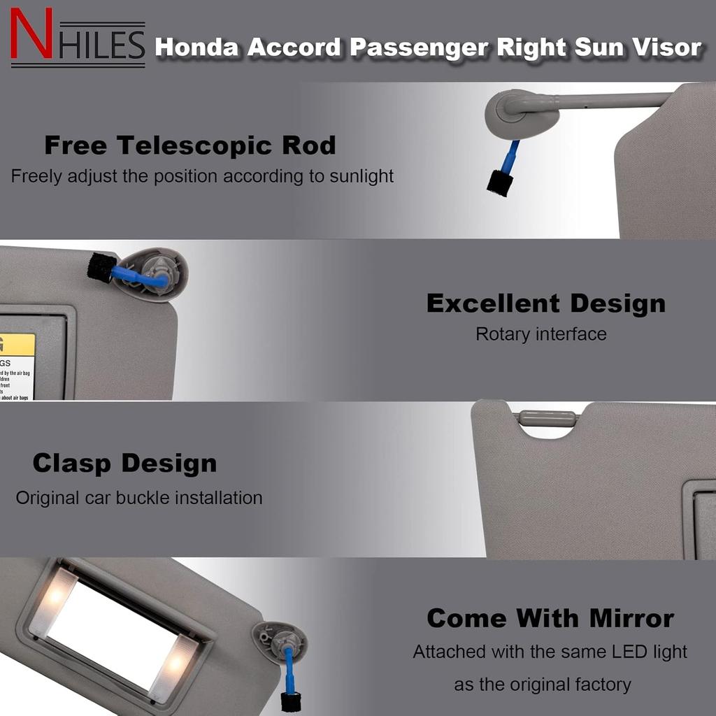 NHILES Passenger Right Sun Visor Compatible With Honda Accord 2008 2009 2010 2011 2012 2013 2014 2015 2016 2017 With Light Replaces # 83230TA0A91ZA