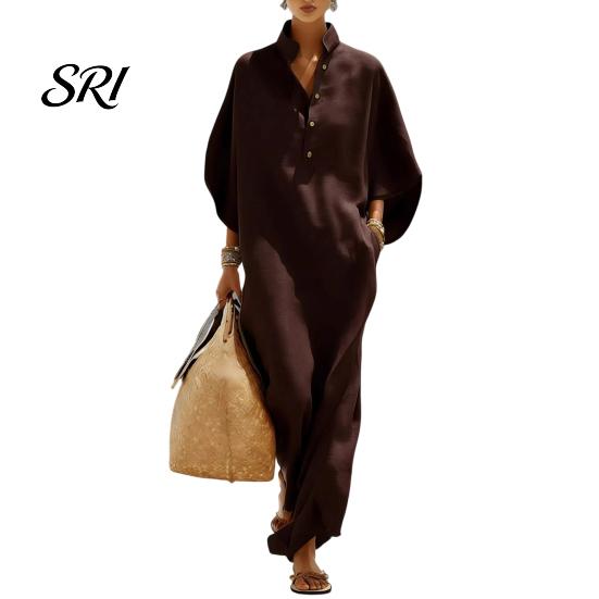 Women Dress Summer Stand Collar Maxi for Half Sleeve Button Up Curve Accentuating V Neck Long Loose Flowy Beach Sundress with Pockets V-neck